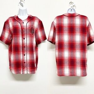 The Hundreds Mens Red Plaid Button Front Short Sleeve Baseball Jersey Size M